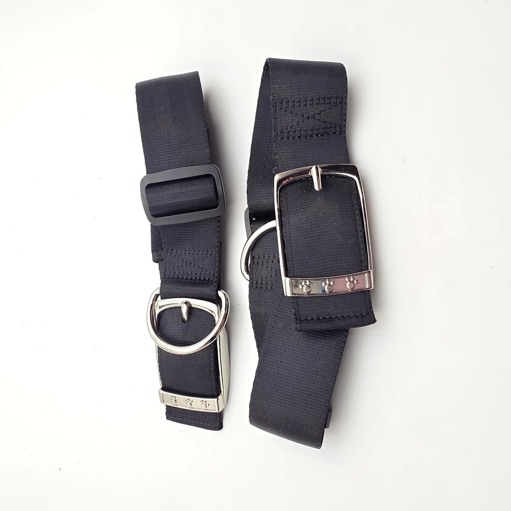 Set of 2 Black Nylon Seatbelt Pet Collars Silver Paw Print Buckle Adjustable